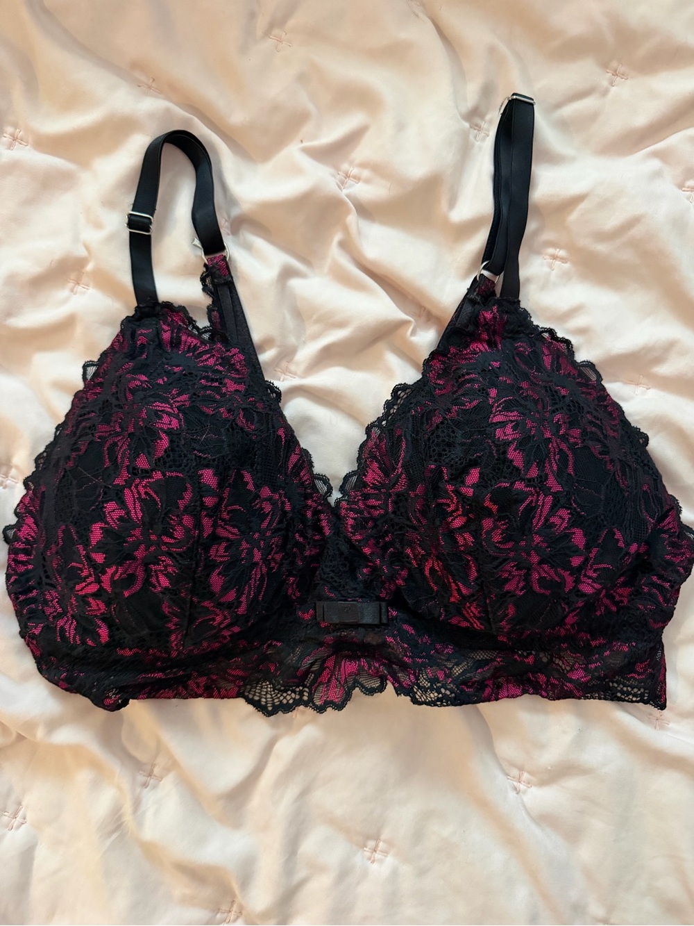 La Vie En Rose Black & Deep Pink Lace Bralette